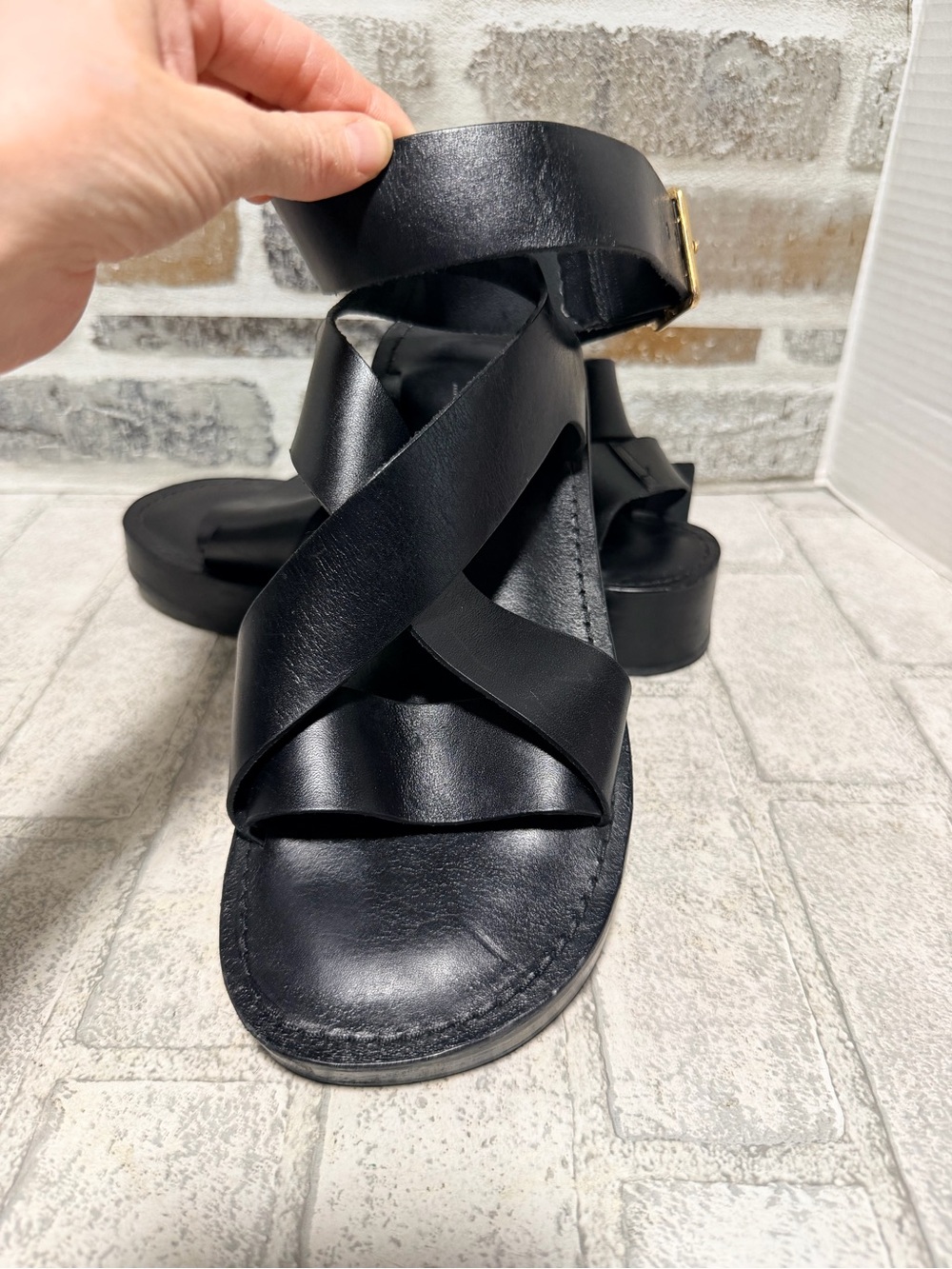 Arket Black Crisscross Leather Ankle-Strap Sandals black size 38